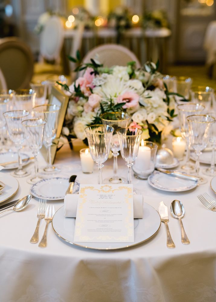 Ritz Hotel wedding reception flowers with wedding planning by Fête in France