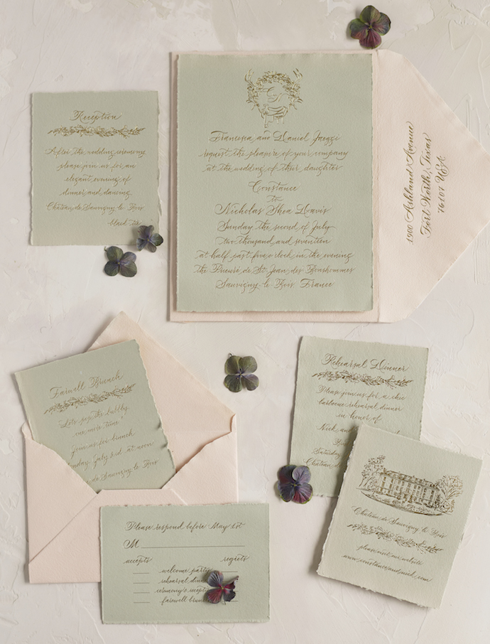 Invitations de mariages vert et rose - Wedding planner France