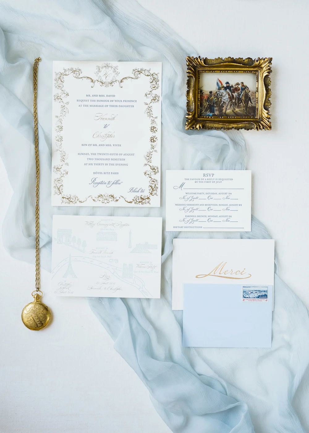 Paris wedding blue and gold foil letterpress invitations